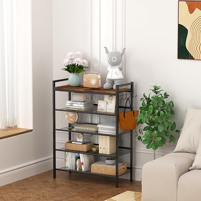 Refrze Shoe Rack for Front Door Entrance, 4 Tier Height-Adjustable Metal Shoe Rack, Sturdy Wooden Top and Tiltable Steel Frame Heavy Duty Shoe Organizer for Bathroom,Bedroom,Kitchen，Include Hook