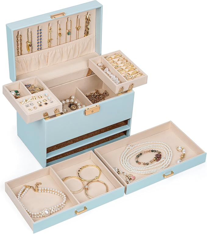 AKOZLIN Travel Jewelry Box Organizer Functional 2-trays Leather Jewelry Storage Case with Lockable Portable 2 Drawers for Women Girls Ring Necklace Earring Bracelet
