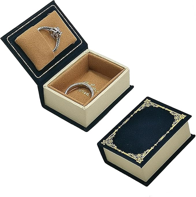 Book Shaped Ring Box - Vintage Engagement Ring Box with Hinged Lid for Proposal Engagement Wedding, Proposal Ring Case-PRB012-Blue