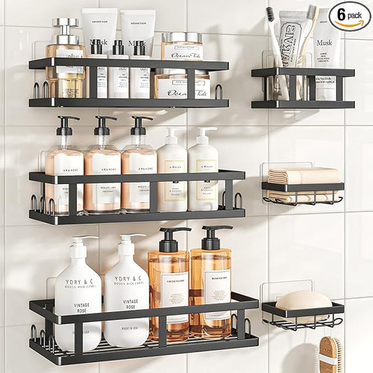 Youvip Shower Caddy 6 Pack, Adhesive Shower Shelves with Soap Holder, No Drilling Rustproof Large Capacity Bathroom Organizers and Storage, Black