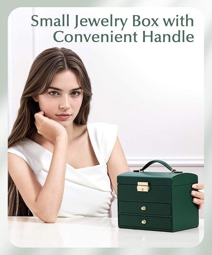 Homde Mothers Day Gifts Small Girls Jewelry Box with Lock: 3 Layer Organizer with Removable Tray - Storage for Ring Necklace Earring - Birthday & Return Gifts for Young Women (Midnight Green)