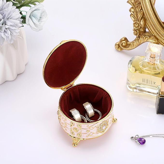 Hipiwe Metal Jewelry Box Small Treasure Chest Box Vintage Round Trinket Organizer Ring Holder Enameled Jewelry Box for Earrings Necklace Holder Gift for Birthday Christmas,Home Decor,Beige