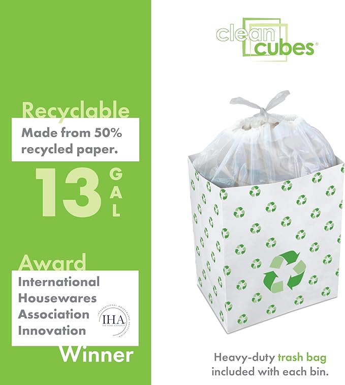 Clean Cubes 13 Gallon Disposable Pop-Up Trash Cans (3-Pack) with Fitted Bags – Foldable Garbage & Recycling Bins for Parties, Events & Kitchen (Recycle, 17" H x 13.5" W x 10" D)