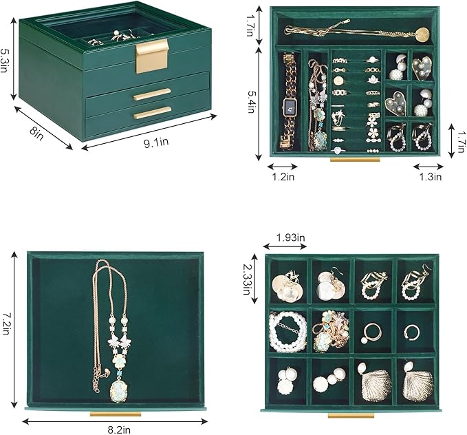 Somduy Jewelry Box Organizer for Women,3 Layers PU Leather Jewelry Storage Display Box with Glass Lid,Gift for people,3 Drawers,Large Capacity for Necklace Earrings Bracelets Rings, Dark Green