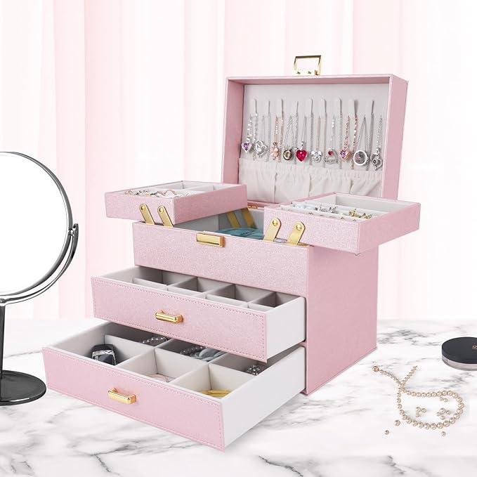Dajasan Jewelry Organizer Box, Large Jewelry Boxes for Girls, Space-Saving 4 Layers Jewelry Storage Case with Drawer, Gift for Women, Movable Metal Stand, Modern (Pink+ Gold)