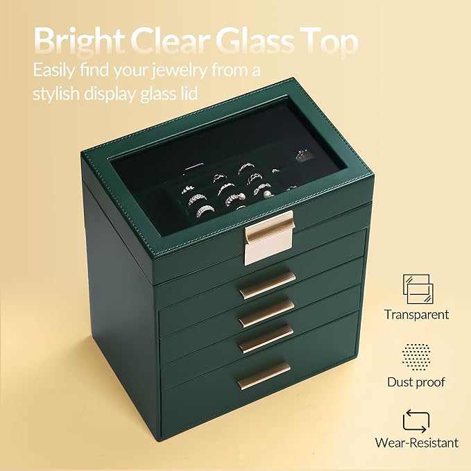 Somduy Jewelry Box, 5 Layers Jewelry Storage Display Box with Glass Lid for Women, 4 Drawers,Large Capacity for Necklace Earrings Bracelets Rings, Green