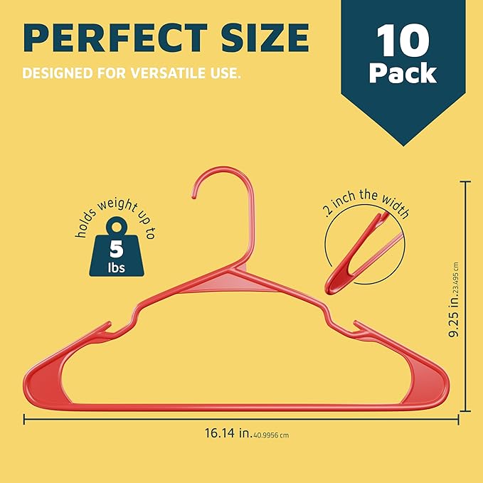 Lifemaster Plastic Clothes Hangers – Heavy Duty Hanger Set, for Organizing Clothes, Dresses, and Coat, Holds Up to 5 lbs, Space-Saving Hangers with Non-Slip Shoulder Grooves, Pack of 10, Red
