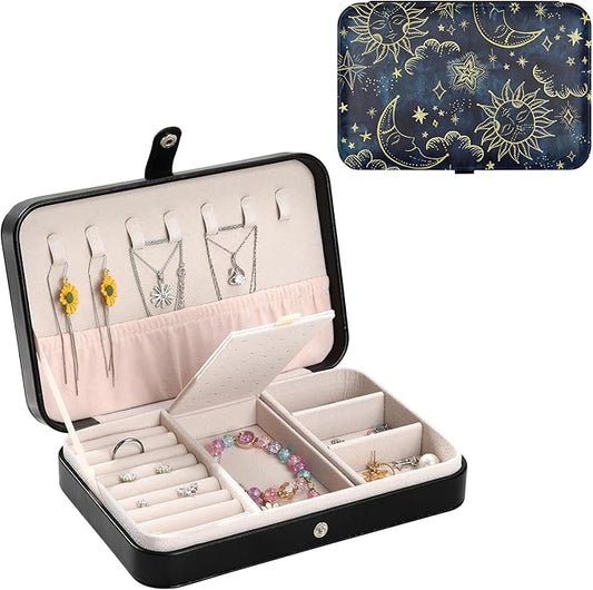 Vintage Sun Moon Star Jewelry Box Storage Travel Small Jewelry Organizer for Girls Jewellery Storage Case for Necklace Ring Earring Bracelet Pendant Birthday Christmas Valentines Women Gifts