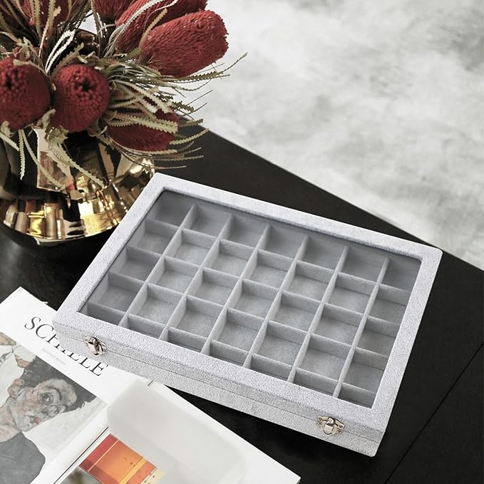 Jewelry Tray 35 Grid Velvet Jewelry Organizer with Clear Lid Transparent Earring Bracelet Organizer Holder Case with Clasp Drawer Insert for Rings Studs Gift for Women Girls