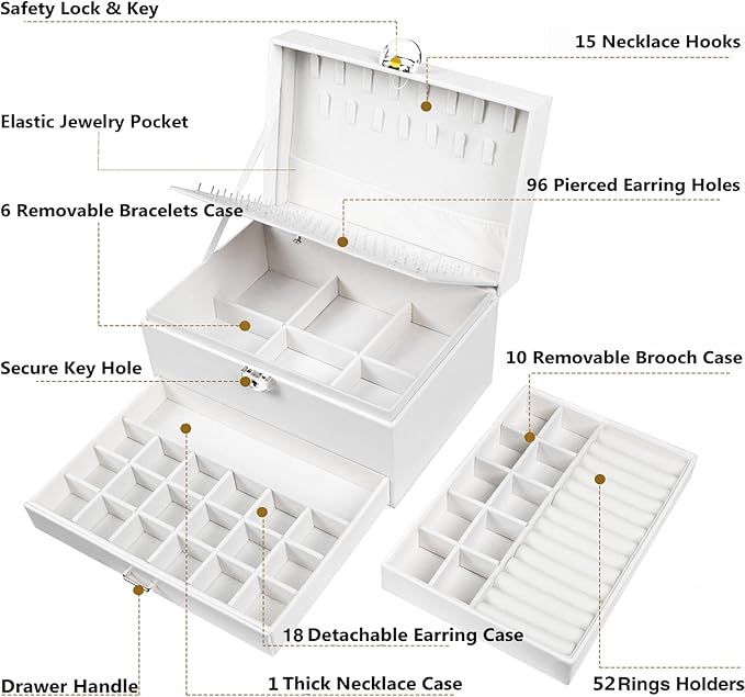 QBestry Earring Jewelry Box for Women Girls Stud Organizers, 5 Layers White Jewelry Organizer Box with Lock Necklaces and Earrings Holder Jewelry Box with Earring Organizer for Women Girls Xmas Gifts