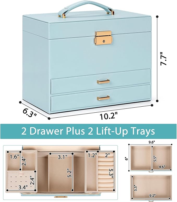 AKOZLIN Travel Jewelry Box Organizer Functional 2-trays Leather Jewelry Storage Case with Lockable Portable 2 Drawers for Women Girls Ring Necklace Earring Bracelet