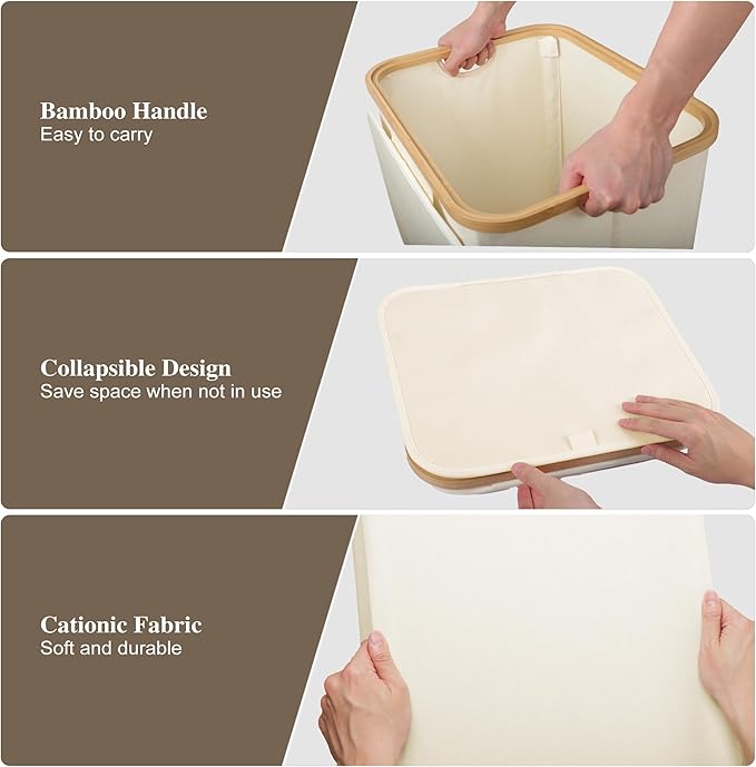 Foluck Large Laundry Hamper, 100L Waterproof Laundry Basket with Lid and Removable Bag, Collapsible Tall Clothes Hamper with Bamboo Handles for Clothes Toys in Dorm Bedroom Bathroom, Beige