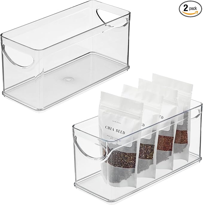 iDesign Narrow Pantry Bin with Handles for Kitchen Cabinets or Fridge, Set of 2, Clear, Made in USA