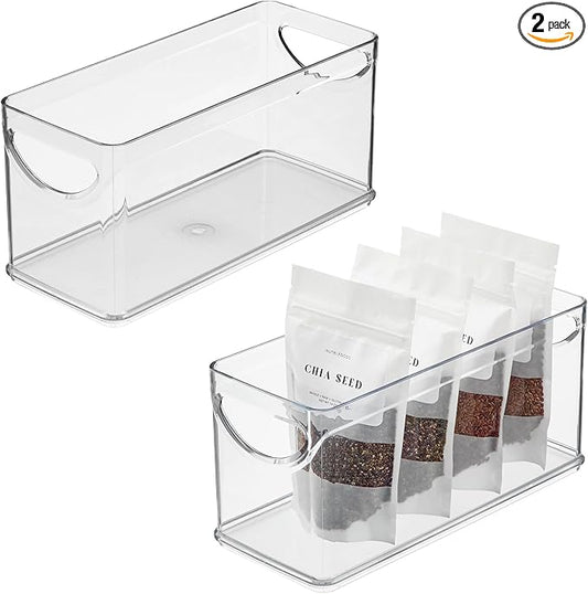 iDesign Narrow Pantry Bin with Handles for Kitchen Cabinets or Fridge, Set of 2, Clear, Made in USA