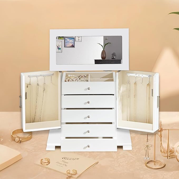 White 5 Layer Huge Jewelry Box,Top With Mirror Wooden Jewelry Organizer Box,With 8 Hook And Velvet Lining Antique Jewelry Box For Women,For Watch Necklace Ring Earring Storage Gifts