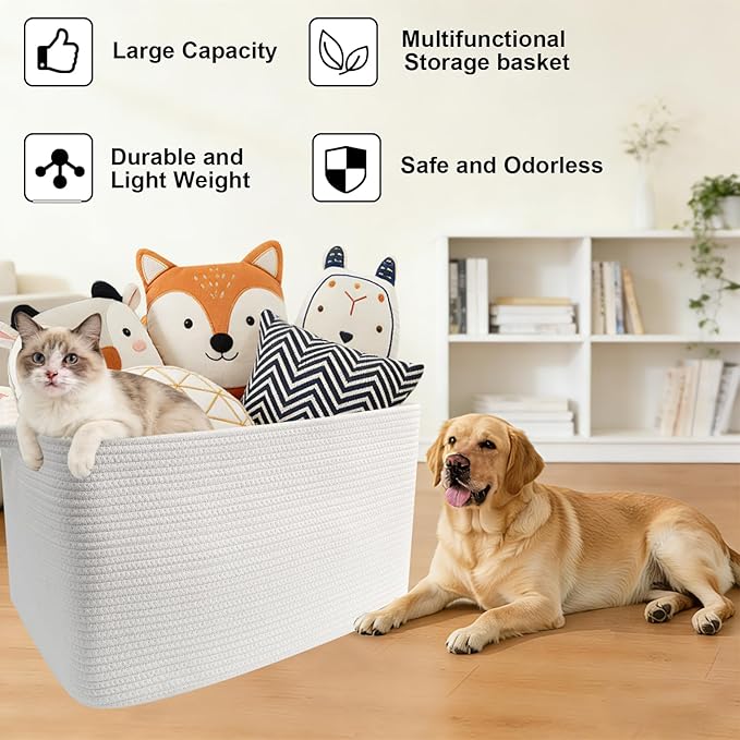 Large Blanket Basket,Woven Rope Basket Storage Bin with Handles,65L Rectangle Laundry Basket for Magazines,Toys,Clothes,Newspaper Shelf Organization,Nursery and Living Room,White