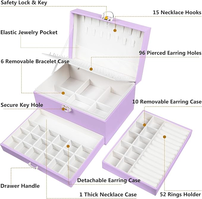 QBestry Earrings Jewelry Box for Girls, 5 Layers Jewelry Organizer with Earring Holder Organizer for Girls Earring Organizer Jewelry Boxes for Women Earrings and Necklaces Jewelry Box Organizer Violet