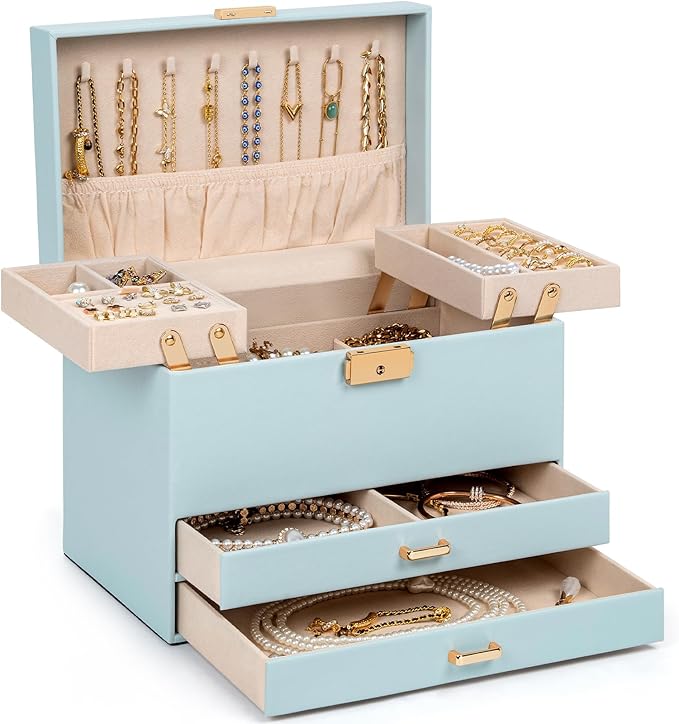AKOZLIN Travel Jewelry Box Organizer Functional 2-trays Leather Jewelry Storage Case with Lockable Portable 2 Drawers for Women Girls Ring Necklace Earring Bracelet