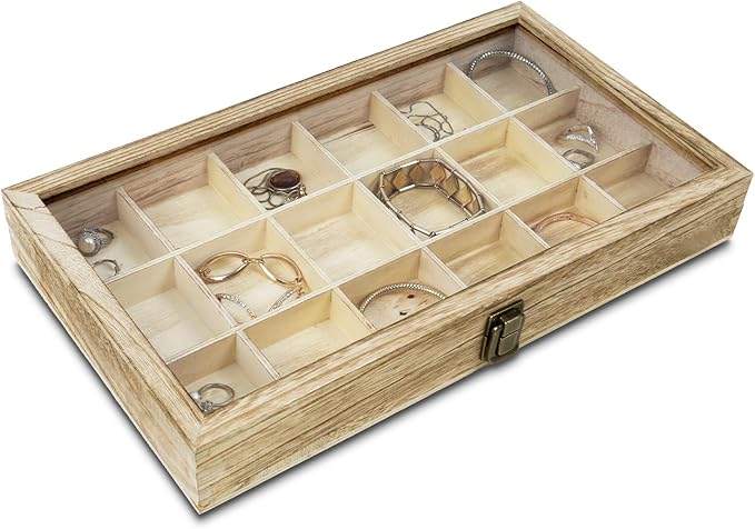 Mooca Wooden Display Storage Case with Tempered Glass Lid for Jewelry and Beads with 18 Compartments Tray, Oak Color, 15" W x 8 3/4" D x 2" H