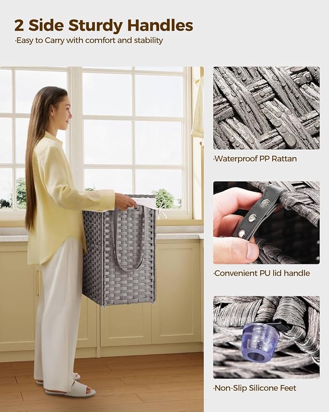 GREENSTELL Laundry Hamper with Wheels&Lid, 130L Large 3 Sections Clothes Hamper with 2 Types Removable Liner Bags, 5 Mesh Laundry Bags, Handwoven Divided Laundry Basket Gray