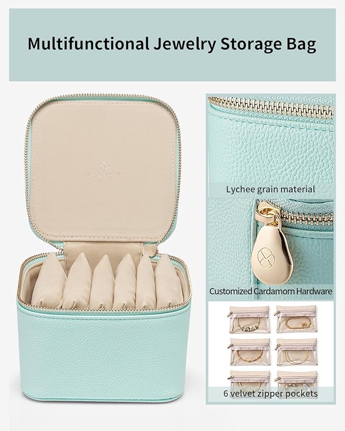 VLANDO Travel Jewelry Box,Jewelry Travel Case with 6 Velvet Jewelry Zipper Pockets Travel Jewelry Organizer for Ring Bracelet Christmas Wedding Birthday Gifts for Wife Daughter Lake Blue