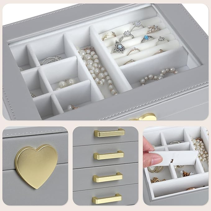 Kendal Jewelry Box, 5-Layer Jewelry Organizer Box with Glass Lid, Gray, Heart Shaped PU Leather, Storage Box for Necklace Earrings Rings Bracelets, Gift Idea for Girls LJC4DRGY