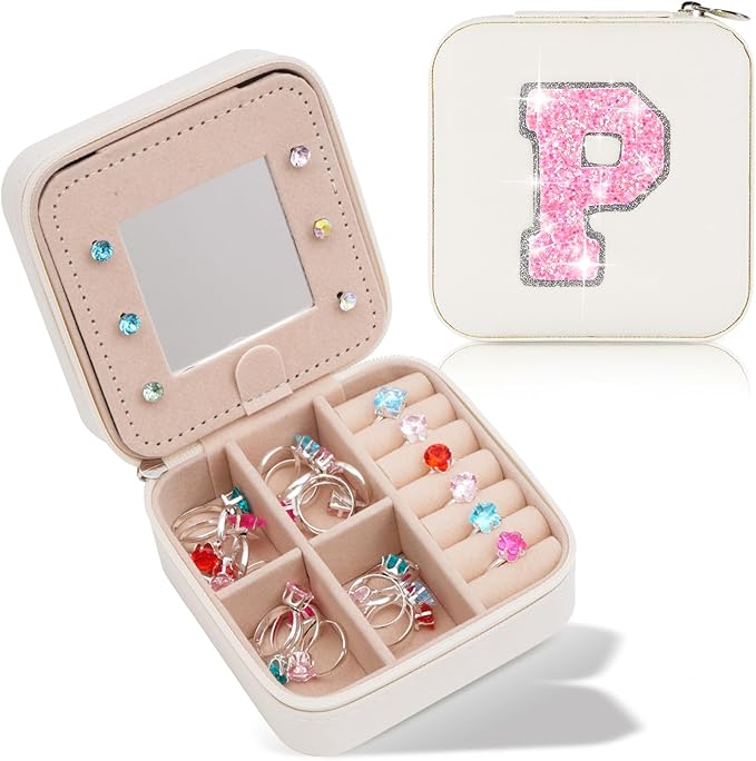 Uygafly Travel Jewelry Case - Personalized Jewelry Box for Women,Small Jewelry Organizer Cute Jewelry Organizers and Storage Aesthetic,Travel Essentials Birthday Gifts for Girls Women | Cream,P