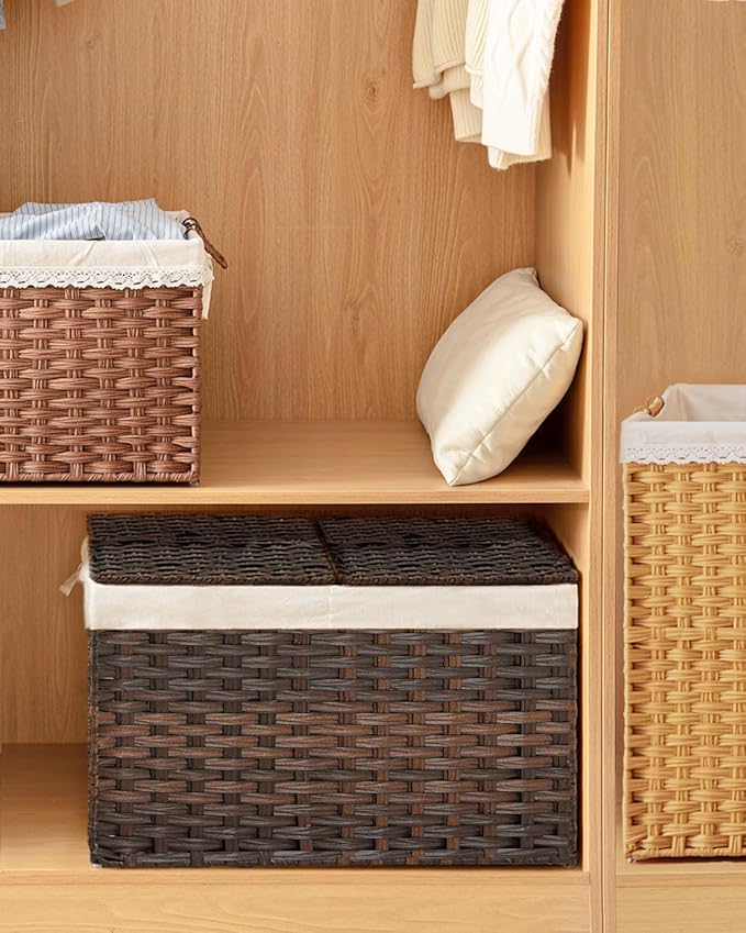 SETVSON Storage Basket with Lid Wicker Baskets for Storage with 2 Separate Lid 42.3 Gallon (160 L) 29.9 x 17.3 x 18.1 Inches Rattan Woven Large Wicker Basket with 2 Liners for Bedroom Laundry Brown
