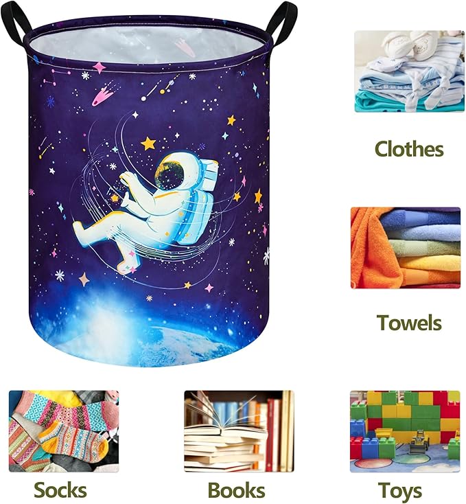 Collapsible Kids Laundry Basket Clothes Hamper, Foldable Storage Organizer Bin, Toy Clothes Storage with Handles for Boys Girls Bedroom, Room Decor Astronaut