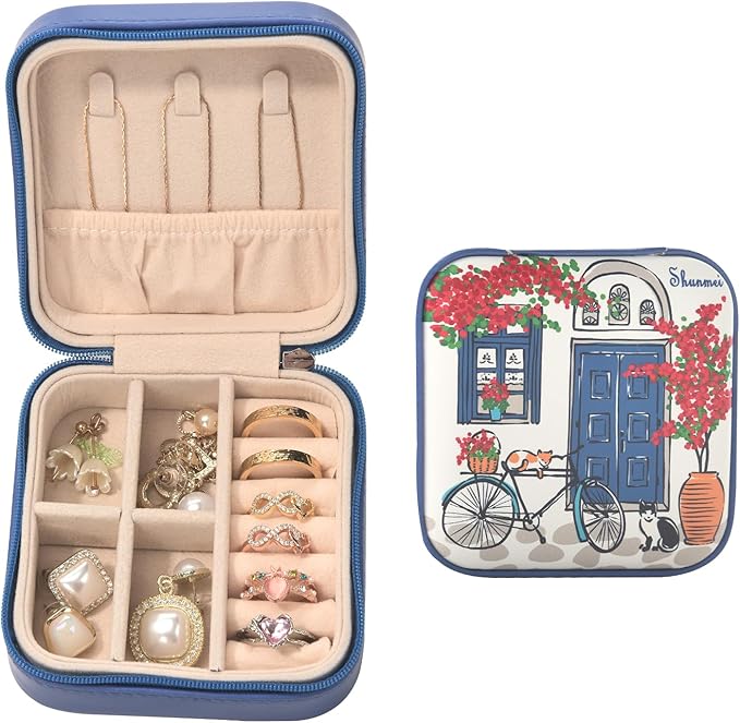 shunmei Mini Travel Jewelry Box,PU Leather Portable Jewelry Organizer Case,Art Accessories Storage Holder Boxes for Earring, Necklace, Rings, Bracelets (Two Cats)