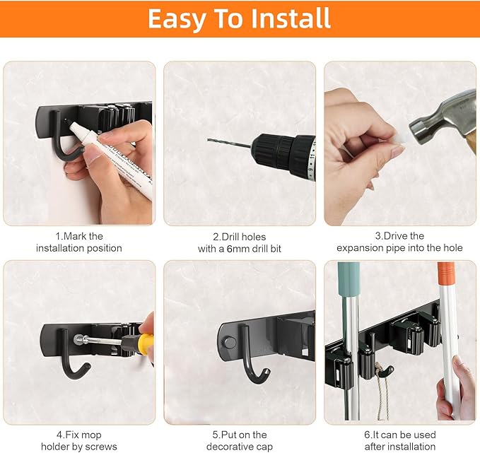 CUXIXA 2 Pack Mop and Broom Holder Wall Mount, Non-slip Broom Hanger Wall Mount, Heavy Duty Mop Broom Organizer for Kitchen Garden Garage Laundry Room Wall Decor Organization and Storage Black 5R4H