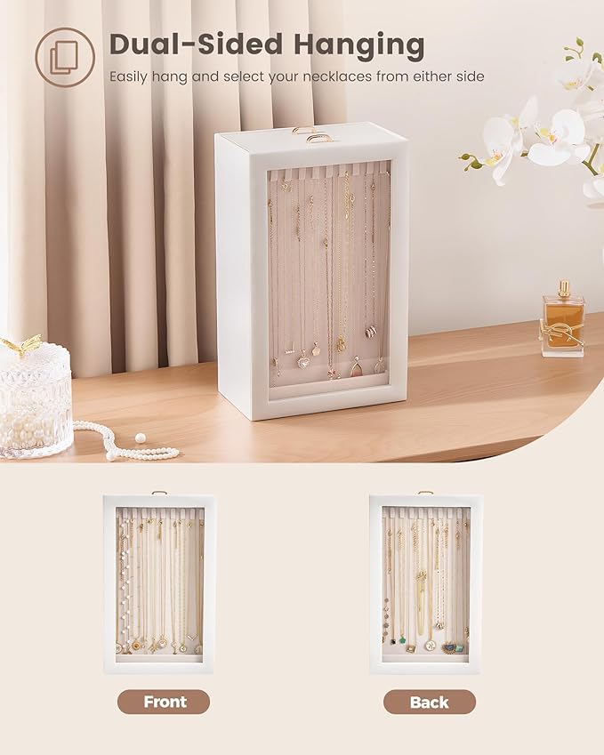 Lolalet Upgraded Double-Sided Hanging Necklace Organizer Box, Jewelry Display Case with Double-Sided Clear Window for Necklaces Bracelets, Tangle-Free Necklace Storage Box, Mothers Day Gift