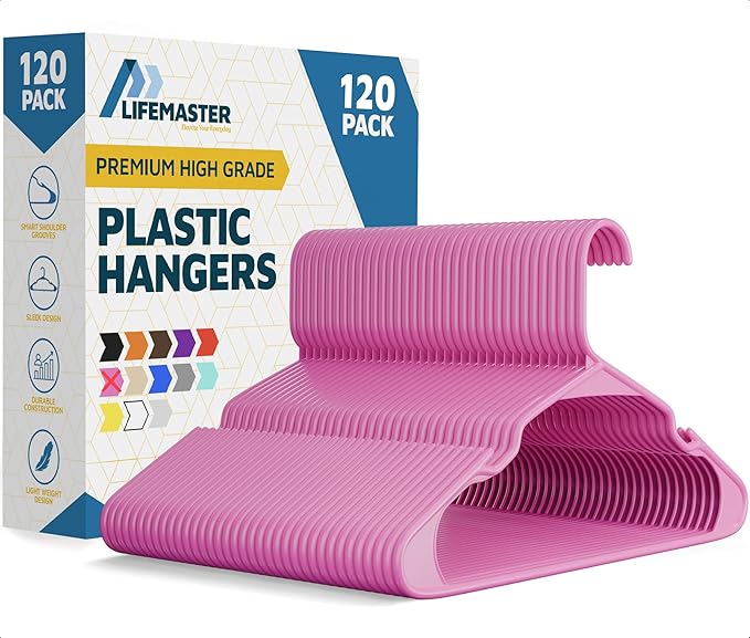 Lifemaster Plastic Clothes Hangers – Heavy Duty Hanger Set, for Organizing Clothes, Dresses, and Coat, Holds Up to 5 lbs, Space-Saving Hangers with Non-Slip Shoulder Grooves, Pack of 120, Pink