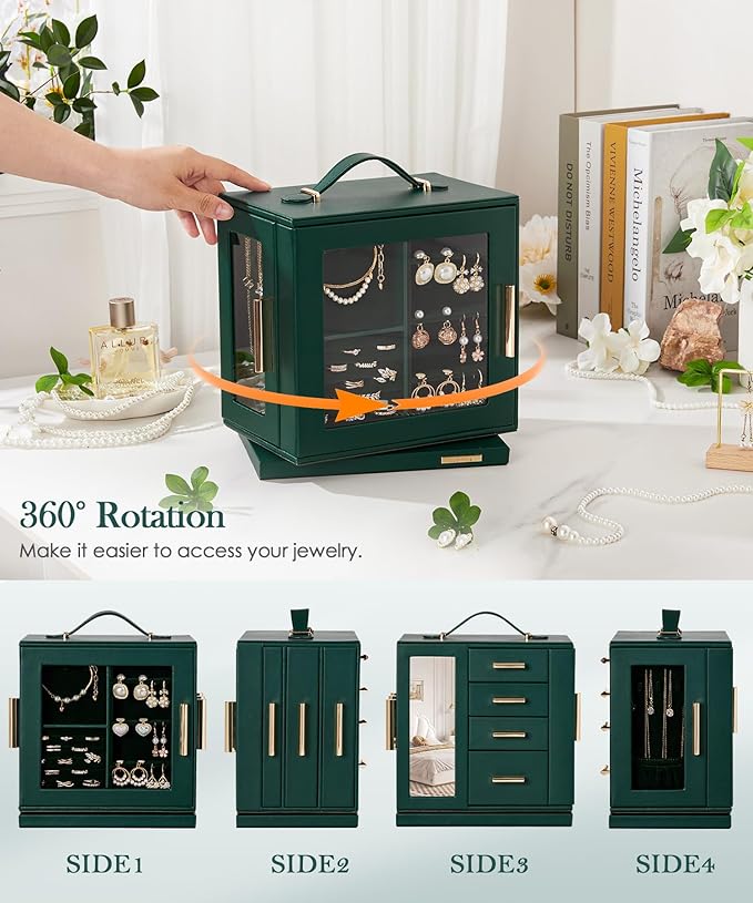 Homde Jewelry Box for Women Large: Rotating Organizer for Ring Earring Necklace Bracelet - 7 Drawers Storage for Dresser (Forest Green)