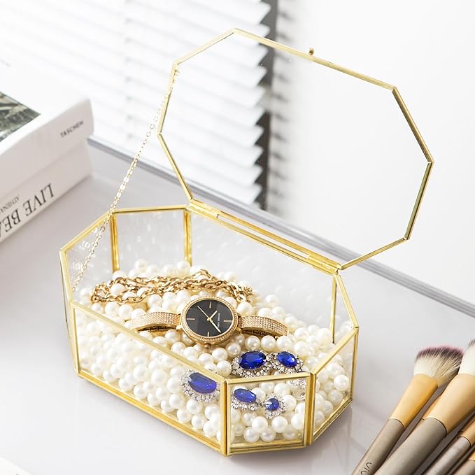Glass Keepsake Organizer - Vintage Octagon Lidded Gold Home Decor Accent Box for Storage Rings, Bracelets