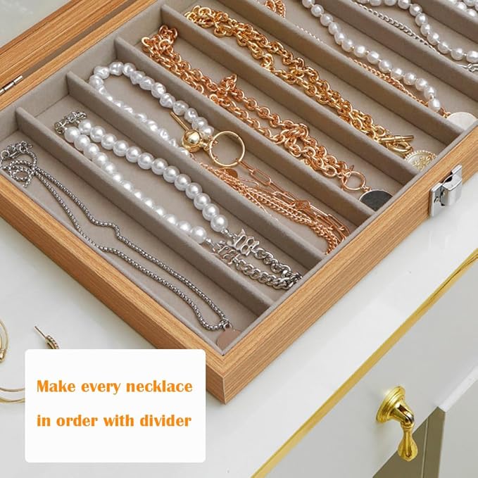 Glass Lid Necklace Organizer Box Transparent Necklace Holder Organizer Velvet Necklace Display Box Clear Lid Jewelry Storage Stackable Necklace Display Case for Women Girls (Style A)