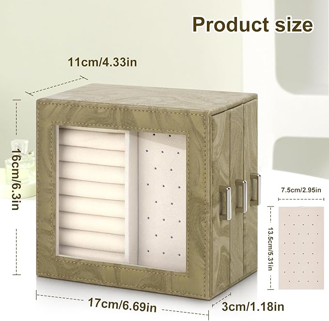 DesignSter Jewelry Box Organizer, Jewelry Box for Women, PU Jewelry Organizer Display Case with Side Drawers, Jewelry Storage for Earring Necklace Ring Bracelet Watch