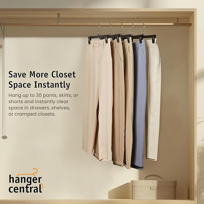 Hanger Central 30 Pack Pants Hangers Slim Plastic Clothes Hangers with Clips for Skirts, Shorts & Trousers – Non Slip Grip, Heavy Duty Space Saver with Swivel Hook – Black Closet Organizer - 12 Inch