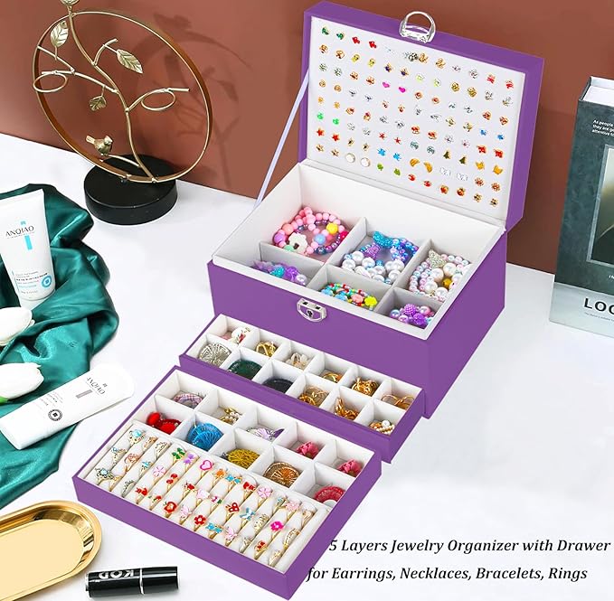 QBestry Earrings Jewelry Box for Girls, 5 Layers Jewelry Organizer with Earring Holder Organizer for Girls Earring Organizer Jewelry Boxes for Women Earrings and Necklaces Jewelry Box Organizer Purple