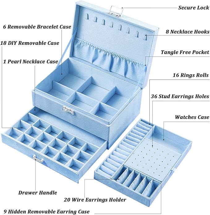 QBestry 3-Layer Jewelry Box for Girls & Teens with Lock and Key, Large Jewelry Organizer with 8 Necklace Hooks & 56 Earring Holes, Blue Velvet Jewelry Storage Box for Necklaces Earrings Rings Bracelet