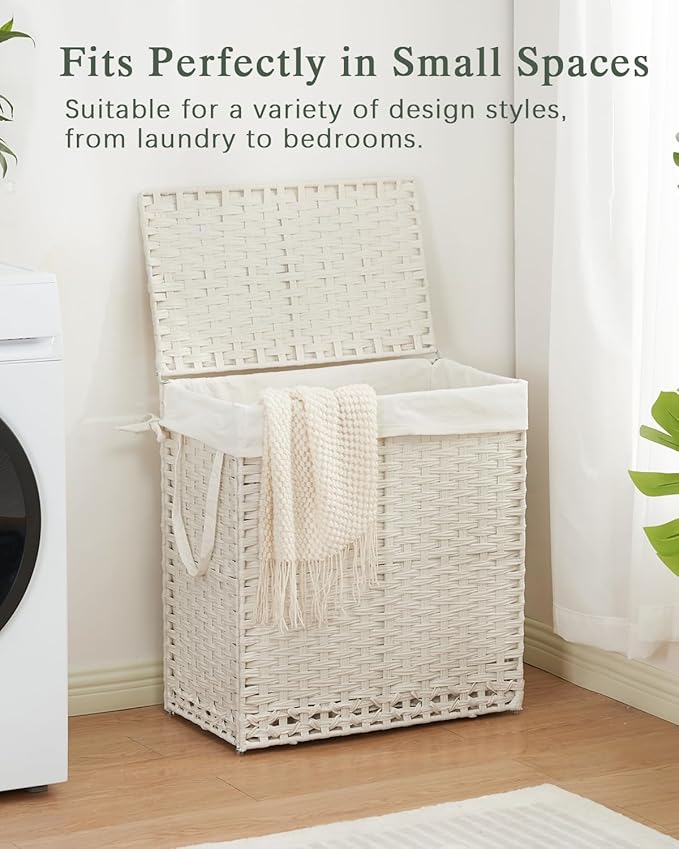 SETVSON Laundry Hamper with Lid Wicker Laundry Basket 112 L (29.6 Gal) Laundry Hampers Handwoven Rattan Clothes Hamper with Handles 3 Removable Liner Bag, 6 Mesh Bags for Bathroom Bedroom White