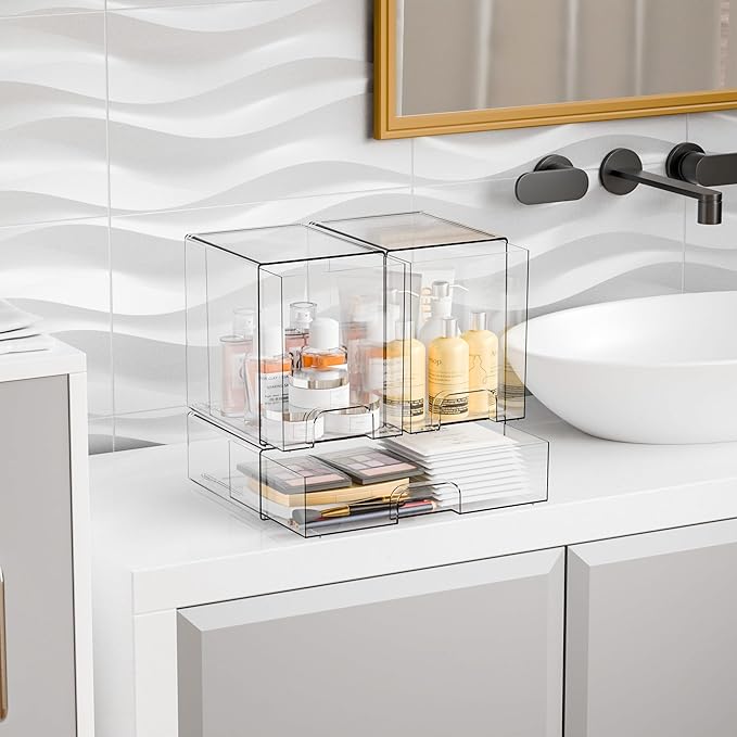 Yieach 3 Set Clear Baby Bottle Organizer for Countertop,BPA FREE Bottle Station Organizer for Breast Pump Parts,Pacifier and Baby Accessories,Stackable Drawers for Bathroom,Cabinet,Pantry Organization
