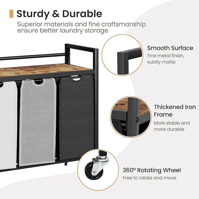 SwaaVee Laundry Hamper, Laundry Basket, Laundry Sorter with 3 Removable Bags, Clothes Basket with 3 Compartments, Wheels, Shelf for Laundry Room Bathroom Bedroom (3 Bags-Black Grey White)