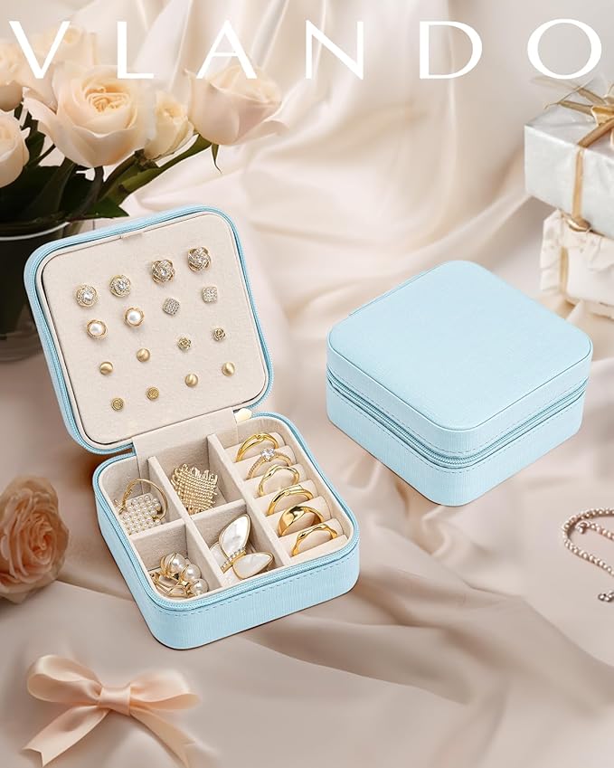 VLANDO Mothers Day Mom Gifts - Travel Jewelry Case, Small Travel Jewelry Organizer Box for Girls Women - Blue