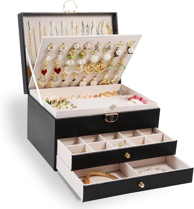 3-Layer Jewelry Box for Women, Jewelry Organizers and Storage with Removable Jewelry Tray, Vintage Quilted Top Lockable Jewelry Holder Gift Idea Black