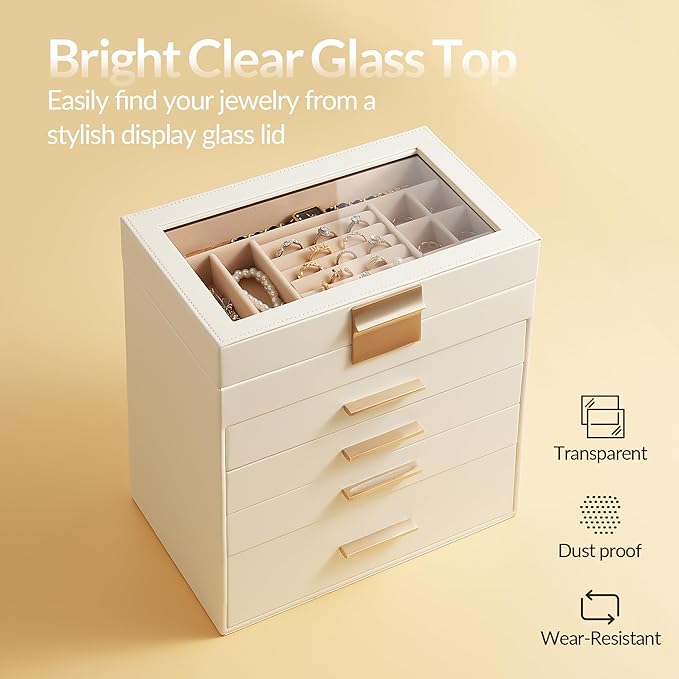 Somduy Jewelry Box, 5 Layers Jewelry Storage Display Box with Glass Lid for Women, 4 Drawers,Large Capacity for Necklace Earrings Bracelets Rings,White