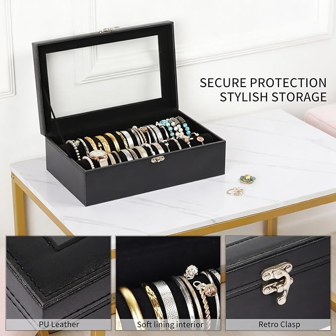 AUTOARK Bracelet & Watch Storage Box with Glass Lid & 2 Anti-Roll Rods,PU Leather Jewelry Case,Soft Lined Locking Organizer for Women,Gift for Dresser & Cabinet Display,Black,MKAW145