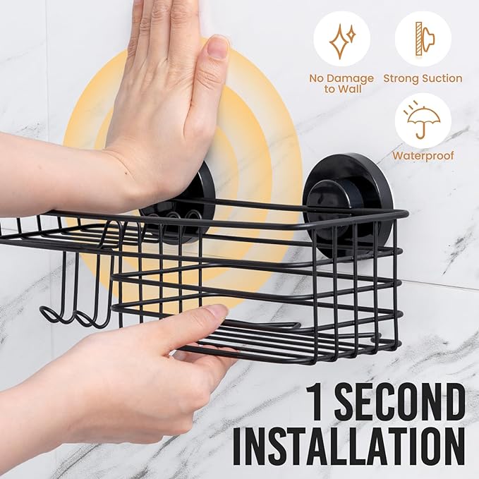 LEVERLOC Shower Caddy Suction Cup, 2 Pack Shower Shelves for Inside Shower with Hooks & Soap Holder, NO-Drilling Bathroom Shower Organizer, Rustproof Meatl Shower Holder Storage, Black