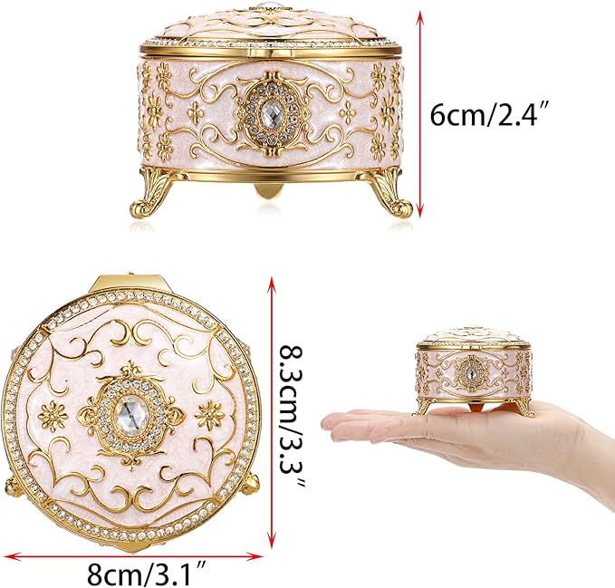 Hipiwe Metal Jewelry Box Small Treasure Chest Box Vintage Round Trinket Organizer Ring Holder Enameled Jewelry Box for Earrings Necklace Holder Gift for Birthday Christmas,Home Decor,Beige
