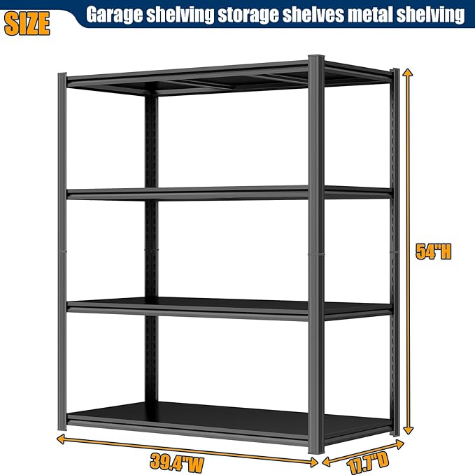 PRESTELION 54" H Storage Shelves Heavy Duty 2000LBS Garage Shelving 4-Tier Storage Rack Adjustable Shelf for Basement, Warehouse, Pantry, Closet, Kitchen 54" H x 39.4" W x 17.7" D, Black